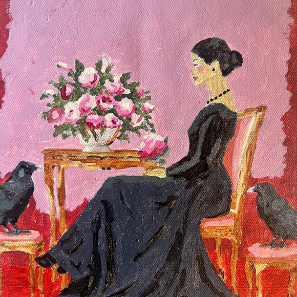 Elegant Lady in Black Dress with Ravens Painting with Pink Accents - Picture 1 of 3